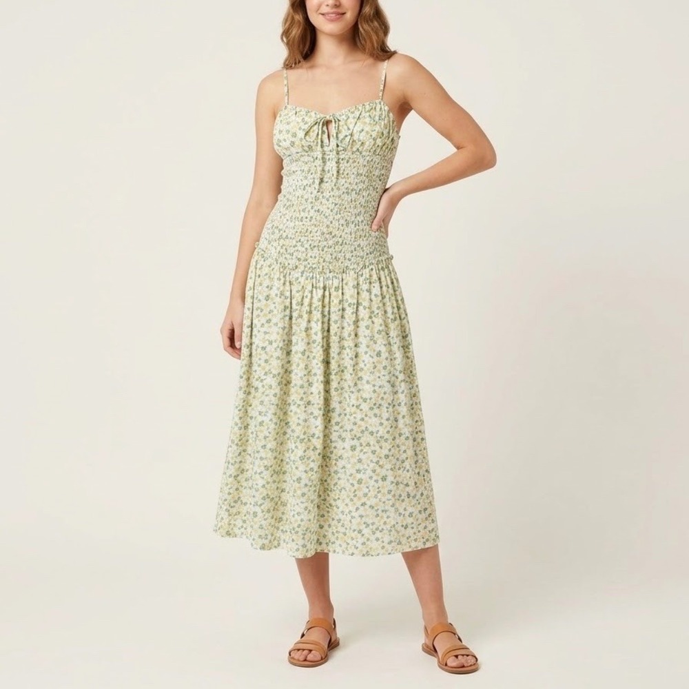 Free People Lavender Daze Floral Smocked Midi Dress Yellow Green Cotton Medium
